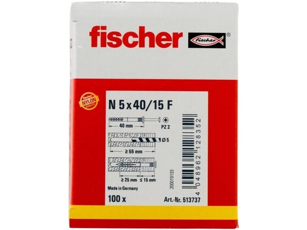 Fischer 513737, Ruuvi- ja seinäpistokesarja, Höyrykarkaistu kevytbetoni, Betoni, Kipsiharkko, Tiili, Nailon, Sinkkipinnoitettu teräs, Pozidriv, PZ2