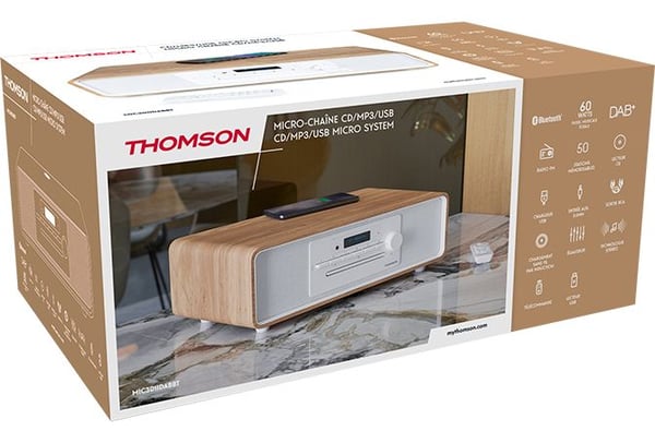 Thomson MIC301IDABBT, Kodin mikroaudiojärjestelmä, Puu, Valkoinen, 60 W, FM, DAB+, 3,5 mm, Rotaatio