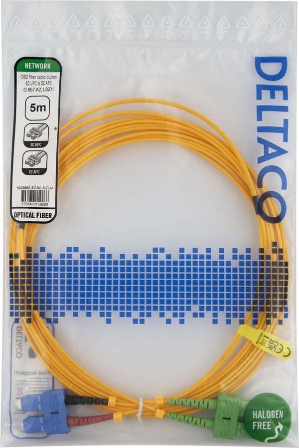 DELTACO - Nettverkskabel - SC/UPC-enkeltmodus (hann) til SC/APC-enkeltmodus (hann) - 5 m - 5 m - fiberoptisk - dupleks - G.657.A2/OS2 - halogenfri ...