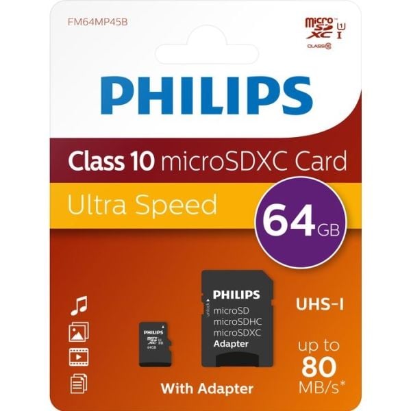 Philips FM64MP45B - Flash-minneskort (SD-adapter inkluderad) - 64 GB - UHS-I / Class10 - SDXC