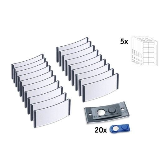 Navneskilt Badgepoint® 70x30 mm, Polar® Classic 30 Medarbejderskiltesæt, skilte med antracit ramme, akrylglas og printbare indstik - 20 skilte inkl...