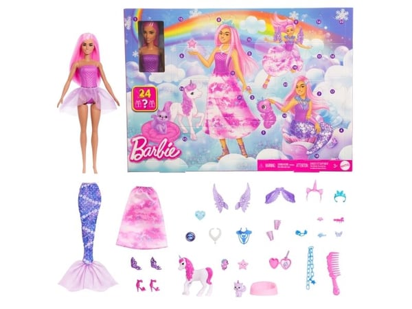Barbie -joulukalenteri, jossa nukke ja 24 yllätystarviketta, kuten yksisarvinen ja lemmikkejä, Muotinukke, Naaras, 3 vuosi/vuosia, Poika/tyttö, 300...