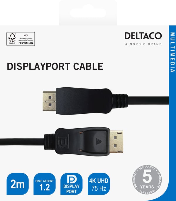 DELTACO - DisplayPort-kabel - DisplayPort (hann) låsing til DisplayPort (hann) låsing - DisplayPort 1.2 - 2 m - opptil 21,6 Gbps datahastighet, stø...