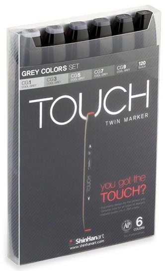 Touch Twin Marker 6stk grå farver, rund + kantet spids - Perfekt til Cozy Coloring