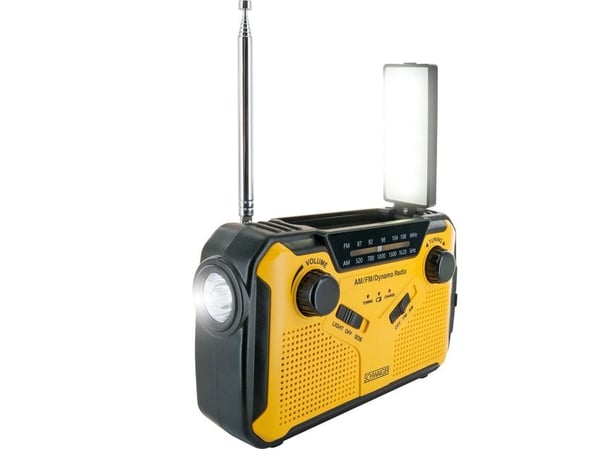 Schwaiger utomhusradio FM, AM, FM handvev, solpanel, stänkskyddad, stötsäker, ficklampa gul, svart (RADK0001)