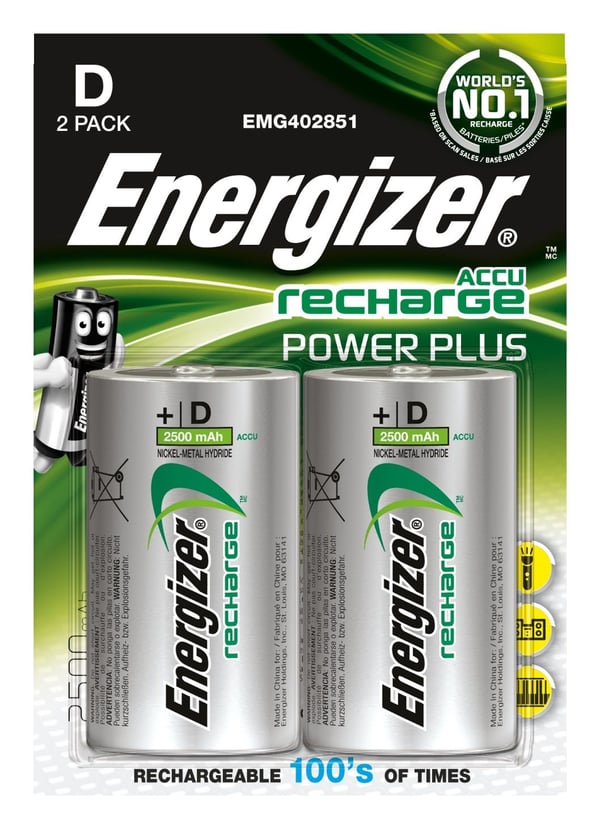 Energizer Recharge Power Plus D / NH50 batteri, 2 stk.
