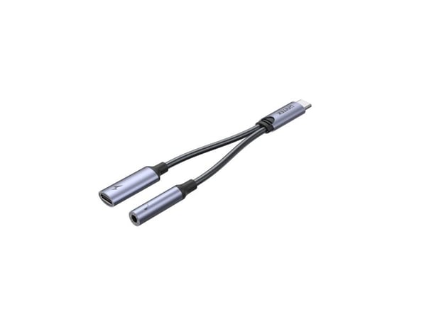 Unitek - USB-C til hodetelefonjakk / ladeadapter - 24 pin USB-C hann til minijakk, 24 pin USB-C hunn - 14 cm - romgrå - USB Power Delivery (60W)