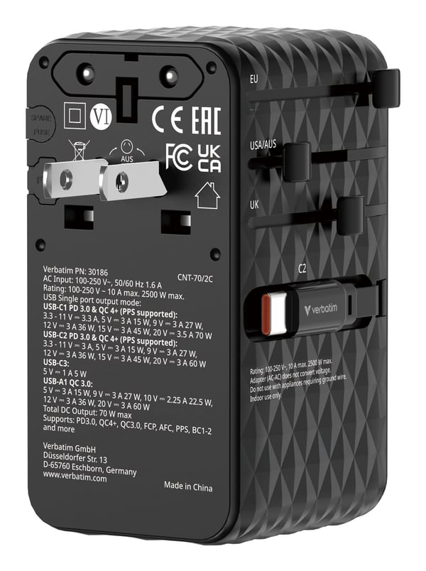 Verbatim 30186 matka-adapteri 70 W Charge 'n' Travel GaN 3 USB-C + 1 USB-A