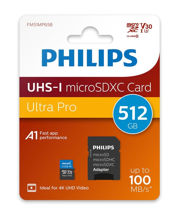 Philips FM51MP65B/00, 512 GB, MicroSDHC, luokka 10, UHS-I, 100 MB/s, 80 MB/s