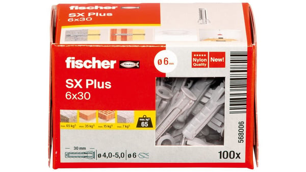 Fischer 568006, Ekspansjonsanker, Lettbetong, Murstein, Betong, Gipsblokk, Murverk, Nylon, Tyskland, 6 mm, 30 mm
