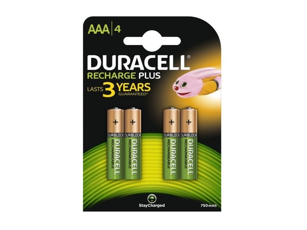 Duracell AAA (4pcs), Ladattava akku, AAA, Nikkelimetallihybridi (NiMH), 1,2 V, 4 kpl, 750 mAh
