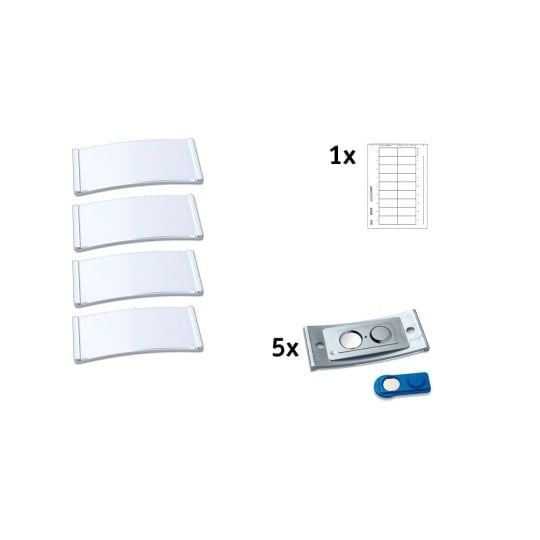 Navneskilt Badgepoint® 70x30 mm, Polar® Classic 30 Medarbejderskiltesæt, skilte med rustfri stålramme, akrylglas og printbare indstik - 5 skilte in...