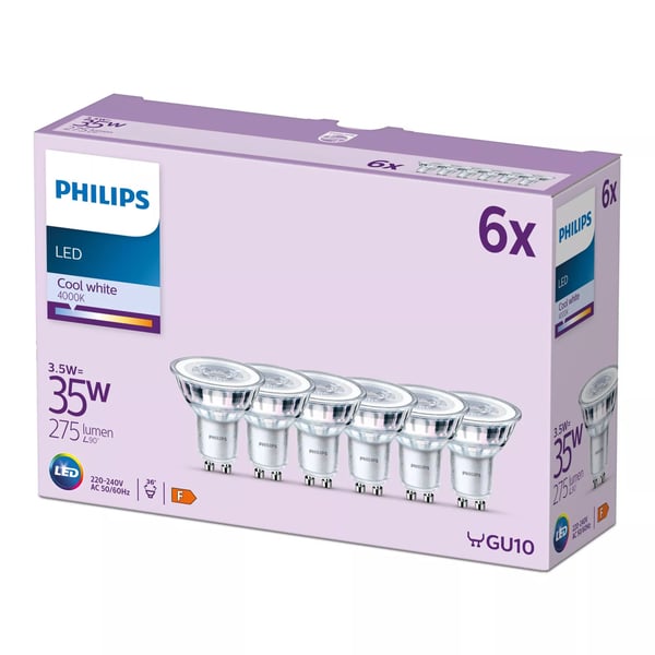 Philips LED Classic - LED-pære for søkelys - klar finish - GU10 - 3.5 W (ekvivalent 35 W) - klasse F - kald hvitt lys - 4000 K (en pakke 6)