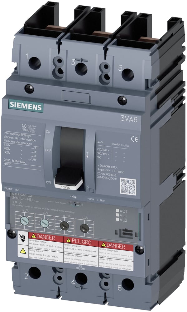 Siemens 3VA6115-6HN31-0AA0 effektbryter, 1 stk. Innstillingsområde (strøm): 60–150 A Koblingsspenning (maks.): 600 V/AC (B x H x D) 105 x 198 x 86 ...