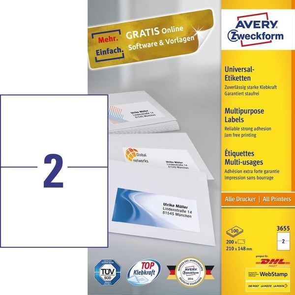 Avery - Hvit - 210 x 148 mm 200 etikett(er) (100 ark x 2) flerbruks merkelapper
