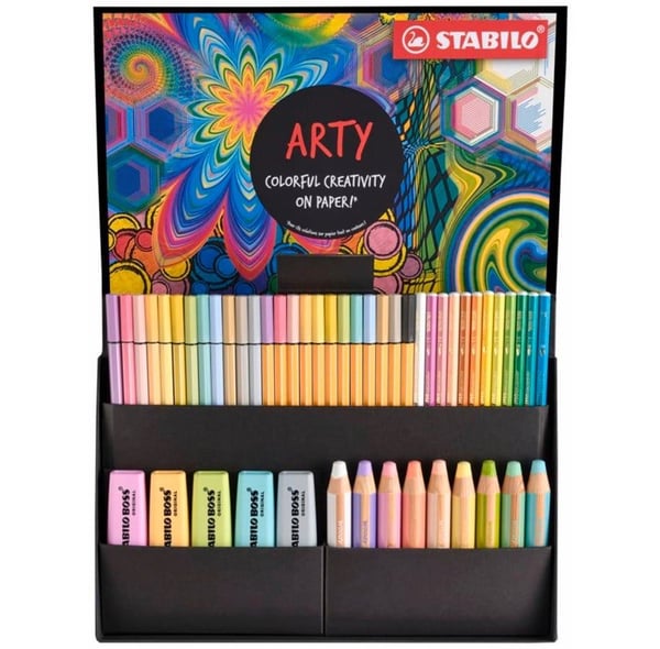 Stabilo Arty pastellset 50 delar - innehåller 5 st Stabilo boss - 9 st stabilo woody - 12 st Stabilo Aquacolor - 12 st Pen 68-märken - 12 st point ...