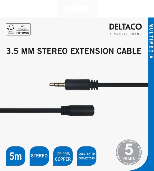 DELTACO - Lydforlengelseskabel - 3,5 mm stereo hann til 3,5 mm stereo hunn - 5 m - svart
