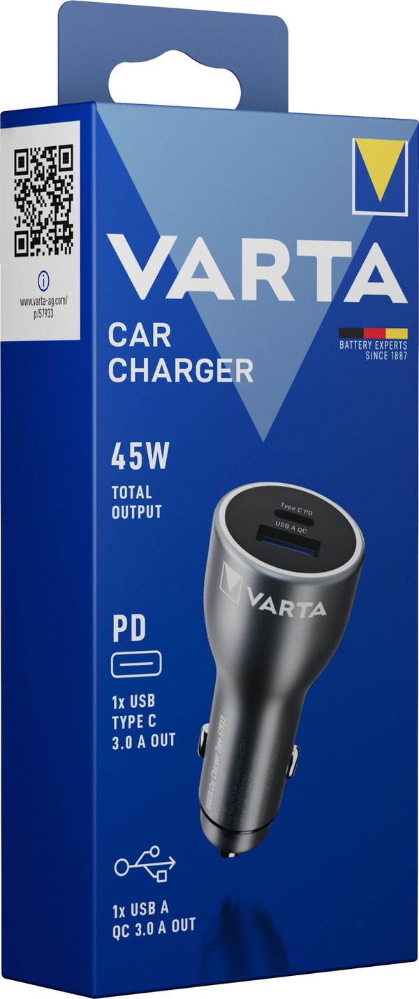 Varta - Strömadapter för bil - 45 Watt - 3 A - QC, PD - 2 utdatakontakter (USB, 24 pin USB-C)