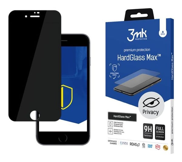 3MK HardGlass Max Privacy, Apple, Apple iPhone 8, Reptålig, Temperaturbeständig, Fallsäker, 1 styck
