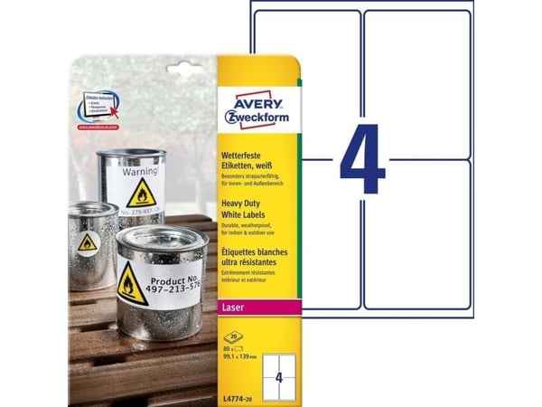 Avery Heavy Duty Laser Labels - Polyester - hvit - 99.1 x 139 mm 80 etikett(er) (20 ark x 4) merkelapper