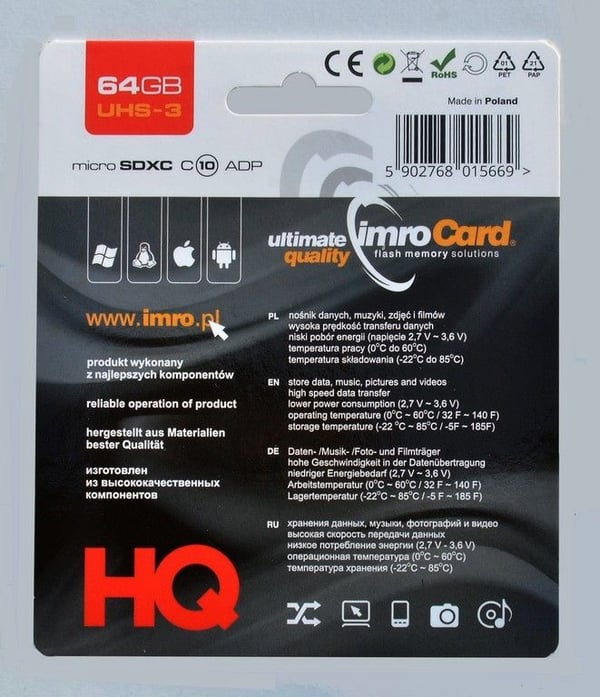 IMRO MICROSD10/64GB UHS-3 ADP-muistikortti, 64 GB, MicroSDXC, luokka 10, luokka 3 (U3), musta