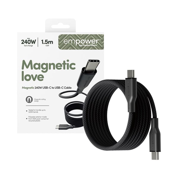 PanzerGlass empower by ® Magnetic 240W USB-C to USB-C Kabel | USB 2.0 | 1.5M | Space Black, Universel, Universal - Universal, Tør påføring, Sort, 1...