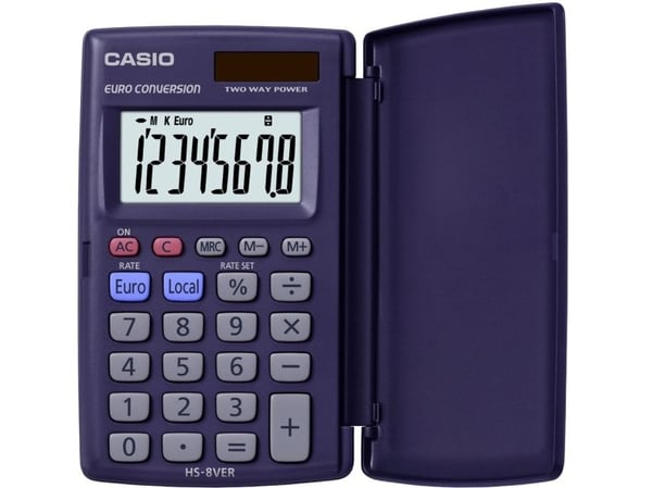 Casio HS-8VER, Tasku, Perus, 8 lukua, 2 linjat, Akku/Aurinko, Sininen