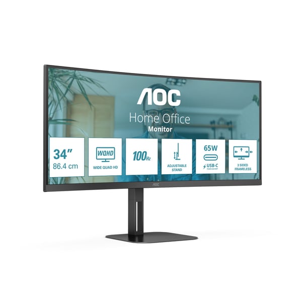 AOC V5 CU34V5C - LED-skjerm - buet - 34" - 3440 x 1440 WQHD @ 100 Hz - VA - 300 cd/m² - 3000:1 - 1 ms - HDMI, DisplayPort, USB-C - høyttalere - Svart