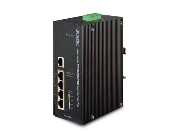 PLANET IGS-504HPT - Switch - 4 x 10/100/1000 (PoE+) + 1 x 10/100/1000 - DIN-skinnemonterbar - PoE+ (120 W) - DC-strøm