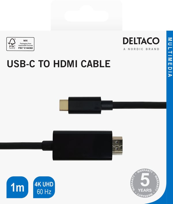 DELTACO - Adapterkabel - 24 pin USB-C hann til HDMI hann - 1 m - svart - 4 K 60 Hz (4096 x 2160) støtte