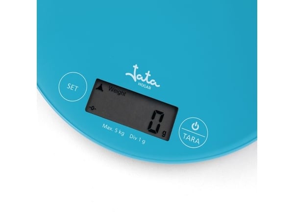 JATA HBAL7230, Sähkökeittiövaaka, 5 kg, 1 g, Sinivihreä, Lasi, Pöytämalli