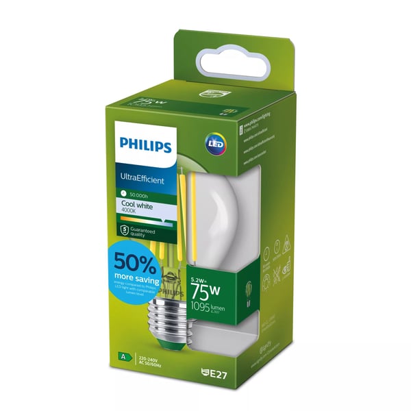 Philips Hehkulankalamppu, kirkas 75W A60 E27, 5,2 W, 75 W, E27, 1095 lm, 50000 h, Viileä valkoinen
