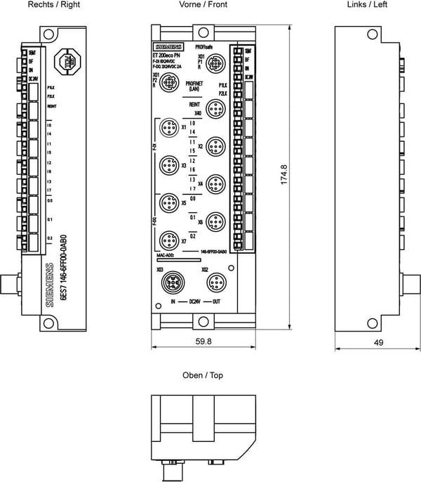 Siemens 6ES7146-6FF00-0AB0, 20,4–28,8 V, 2 A, 175 mm, 995 g, 221 mm, 70 mm
