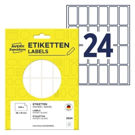 Avery Multi-Purpose Labels 3324 - Selv-adhesiv - hvit - 18 x 38 mm 648 stk merkelapper