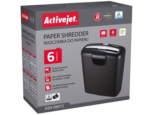 Activejet ASH-0601S paperisilppuri, nauhasilppuri, 22 cm, 10 L, painikkeet, 3000 mm/min, P-1