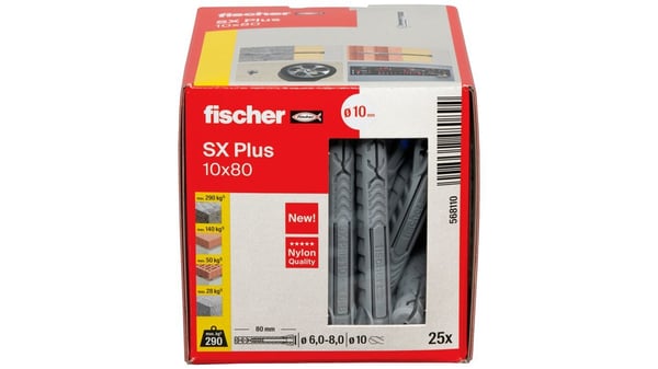 Fischer 568110, Ekspansjonsanker, Lettbetong, Murstein, Betong, Gipsfiberplate, Murverk, Nylon, Tyskland, 1 cm, 80 mm
