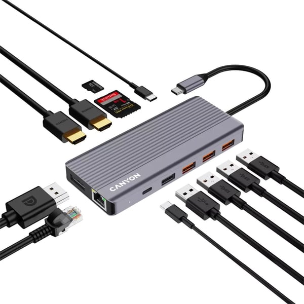 Canyon DS-16, dokkingstasjon med flere porter, 13 porter, 1xUSB-C 100W+3xUSB3.0+1xUSB2.0+2xHDMI+1xskjermport +1xRJ45+1xaudio