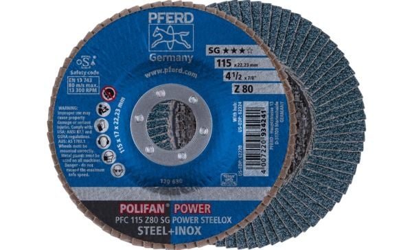 PFERD POLIFAN flap discs zirconia alumina Z SG POWER STEELOX, 11,5 cm, 10 kpl
