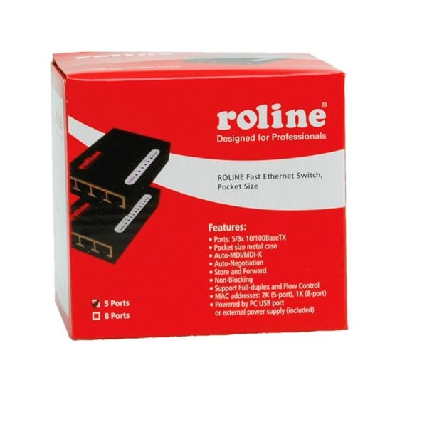 ROLINE Fast Ethernet Switch, Pocket, 5 Ports, Full tosidig