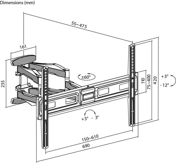 Goobay 71199, 200 x 200 mm, 600 x 400 mm, -12 - 3°, -60 - 60°, Stål, Svart