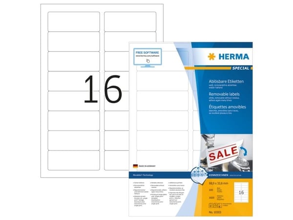 HERMA Special - Papir - matt - fjernbart selv-adhesiv - hvit - 88.9 x 33.8 mm 1600 etikett(er) (100 ark x 16) merkelapper
