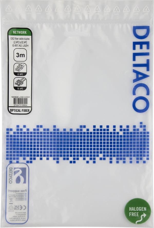 OS2 Fiberkabel, LC - SC, duplex, APC/APC, 3,0 m