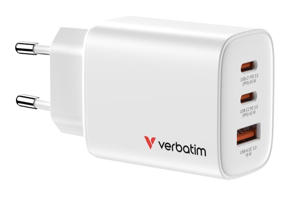 Verbatim Essentials - Strømadapter - GaN - 65 watt - 3 A - Power Delivery 3.0 + PPS, QC 3.0 - 3 utgangskontakter (USB-C, USB) - hvit - Europa
