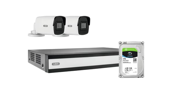 ABUS-kokonaispaketti, jossa 2 PoE Mini Tube -kameraa + tallennin TVVR36423T LAN IP-valvontakamerapaketti 1920 x 1080 pikseliä