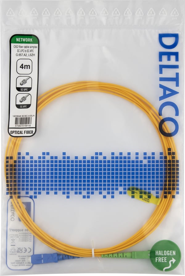 DELTACO - Koblingskabel - SC/UPC til SC/APC - 4 m - 4 m - fiberoptisk - simpleks - OS2 - halogenfri - gul