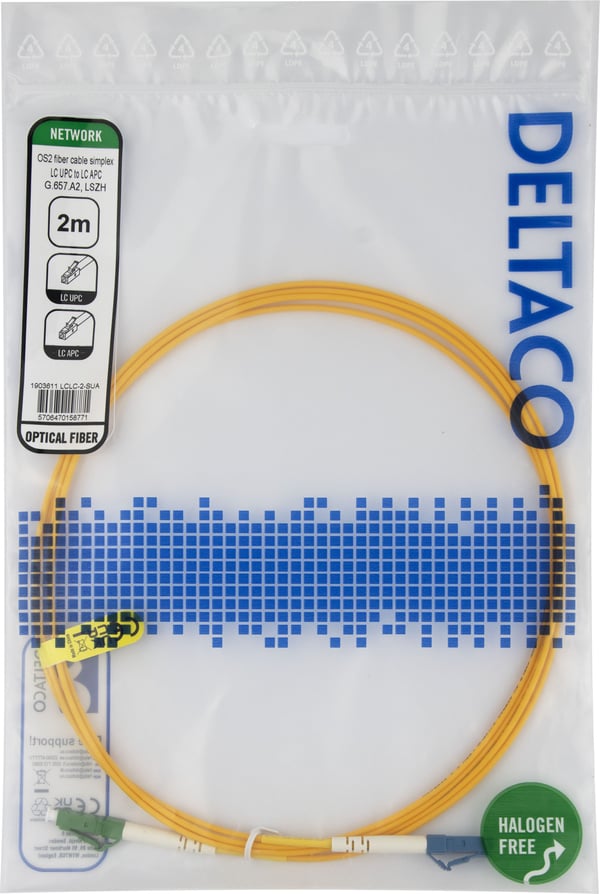 DELTACO - Nettverkskabel - LC/UPC-enkeltmodus (hann) til LC/APC-enkeltmodus (hann) - 2 m - 2 m - fiberoptisk - simpleks - G.657.A2/OS2 - halogenfri...