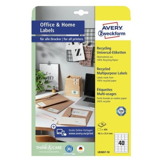 Avery LR3657-10, Hvit, Selvklebende skriveretikett, A4, Papir, Laser/Blekkskriver, Permanent