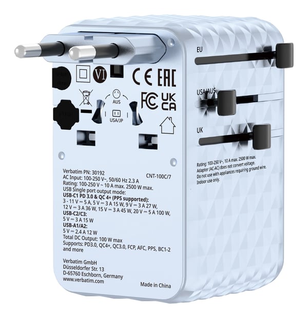 Verbatim 30192 reiseadapter 100 W GaN III, 5 USB-porter, blå