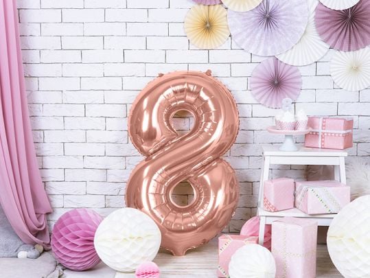 PartyDeco FB1M-8-019R, Ilmapallo, Kalvo, Ruusukulta, Syntymäpäivä, Numero, Poika/tyttö
