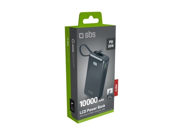 SBS Powerbank 10 000 mAh med innebygd USB-C-kabel, blå